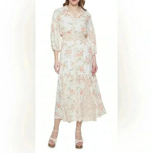 NWT Dex orange  cream smock waist floral mid sleeve dress XS